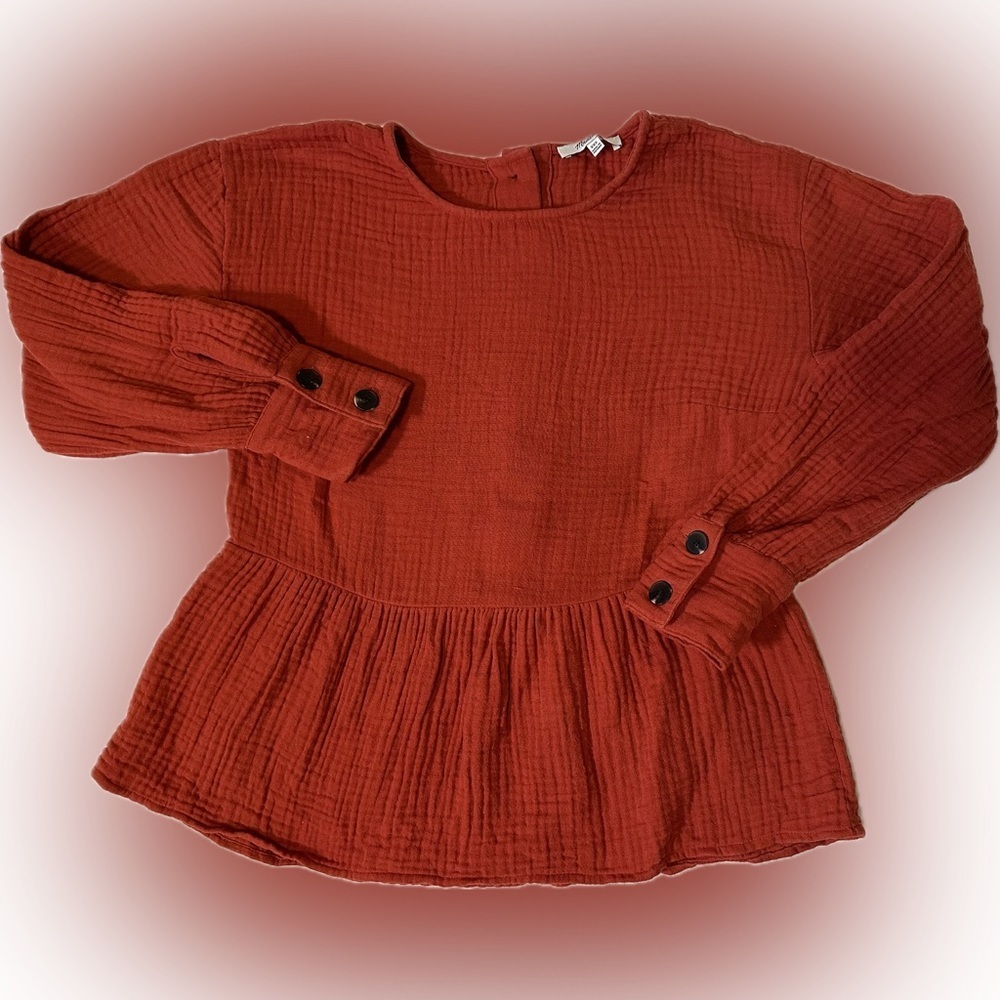 Madewell Lightspun Button Back Peplum Top Red Burnt Orange Rust Size XXS